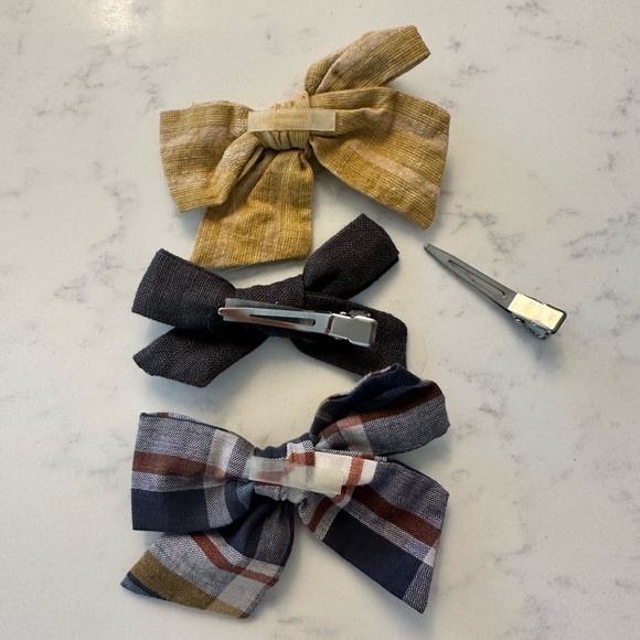 LITTLE POPPY COMPANY 3 fall bows yellow plaid gray brown lil co stripes - Picture 2 of 4